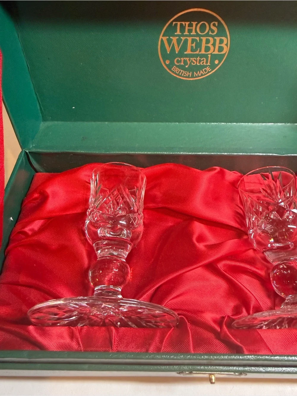Thos Webb Crystal Cut Cordial Liqueur Glasses, pair with original box, England.